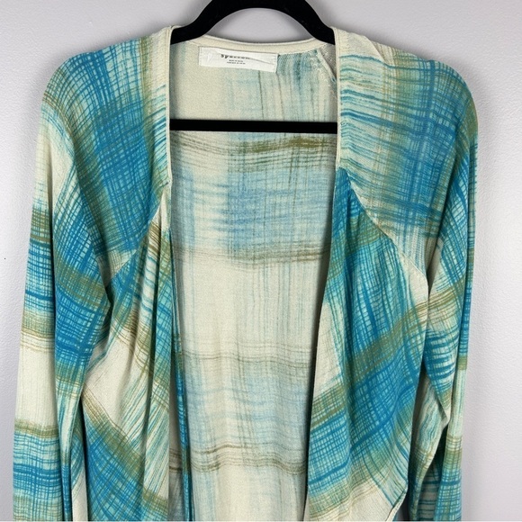 Anthropologie Sparrow Revolution Plaid Asymmetrical Draped Cardigan Medium Blue - Picture 3 of 15